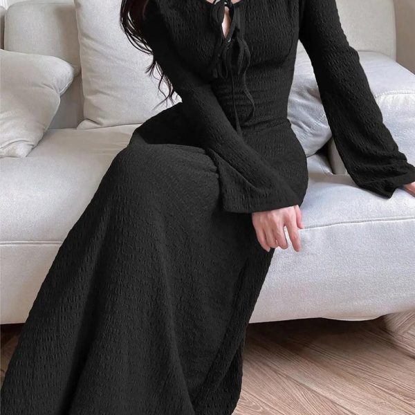 Solid Color Front Tie Long Sleeve Casual Long Dress In Black