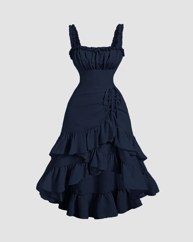 Navy_Blue_Ruched_Square_Neck_Ruffle_High-Low_Midi_Dress_with_Ruffle_Hem_1024x1024.jpg Navy Blue Ruched Square Neck Ruffle High-Low Midi Dress with Ruffle Hem - Image 1