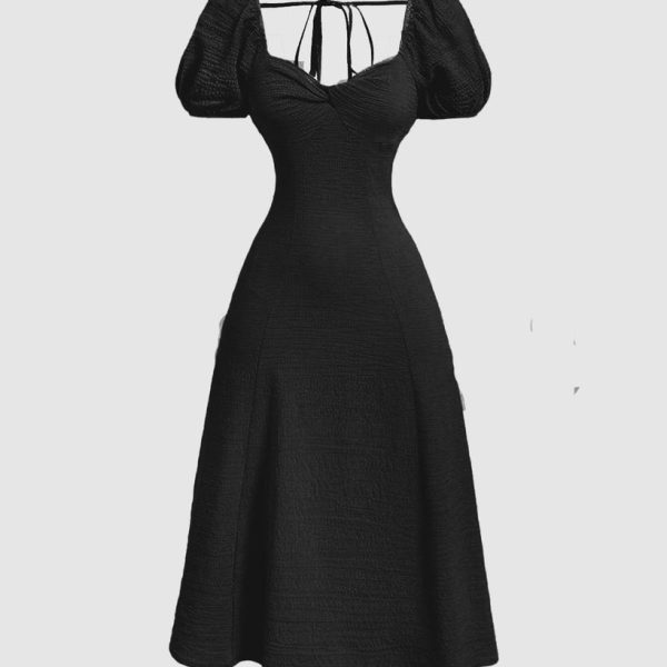 Summer Elegant Solid Color Puff Sleeve Cinch Waist Black Dress