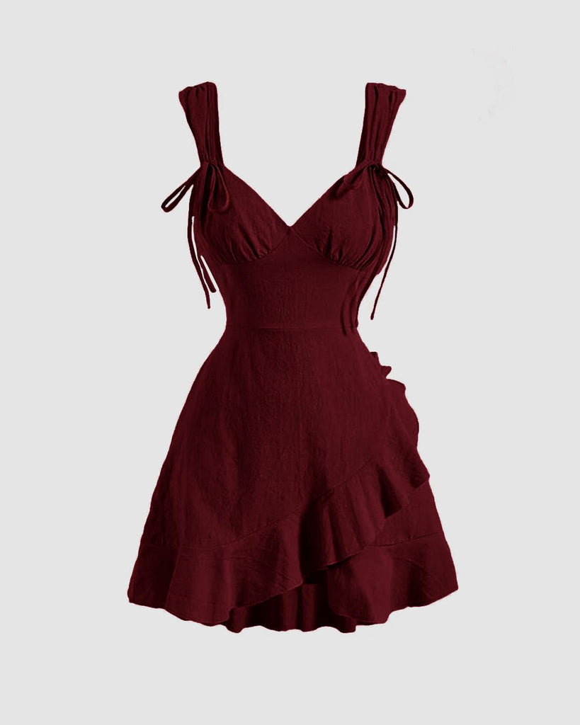 Ruffle Wrap V Neck Short Sleeve Tie Knot Short Dress In Maroon - Image 1