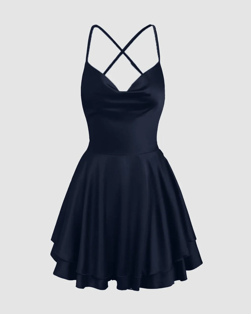 Solid Color Cowl Neck Cross Spaghetti Strap Backless Boho Dress In Navy Blue - Image 1