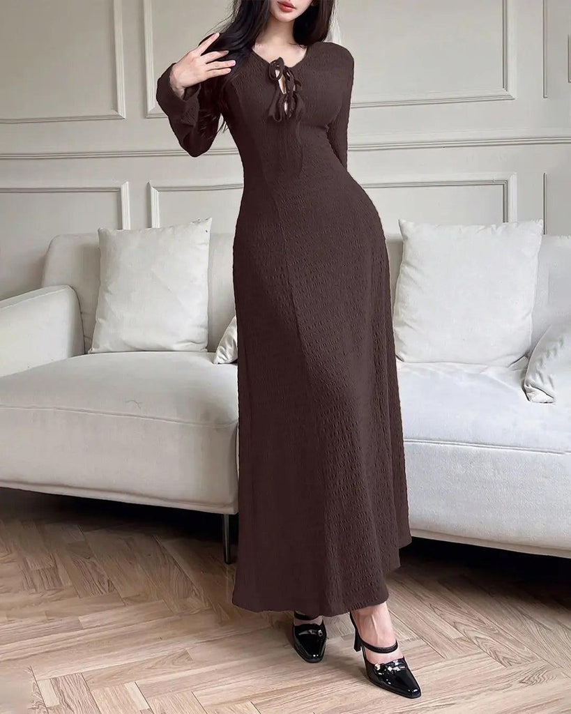 Solid Color Front Tie Long Sleeve Casual Long Dress In Brown - Image 1