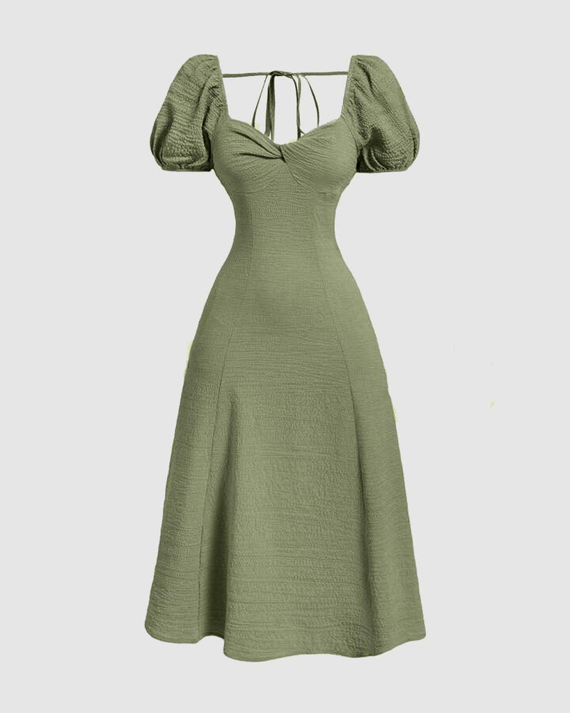 Summer Elegant Solid Color Puff Sleeve Cinch Waist Dress - Image 1